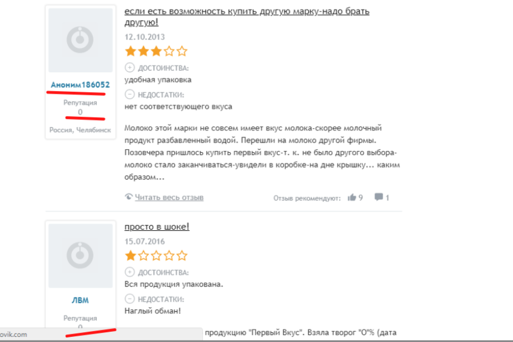 Пример отзывов от анонимов с нулевой репутацией. 